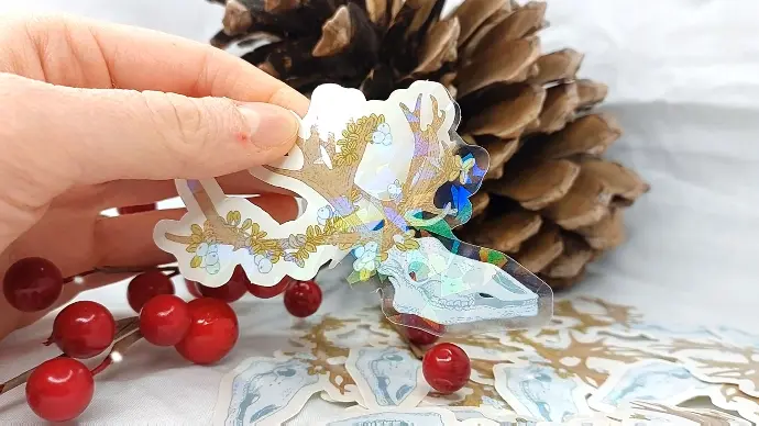 Snowberry on Reindeer Skull in COLOR - Clear Vinyl Sticker - Holographic Laminate