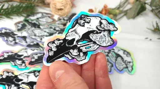 Mushrooms on crow skull - Holographic sticker