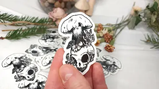 Poisonous mushrooms on skull - Clear Sticker